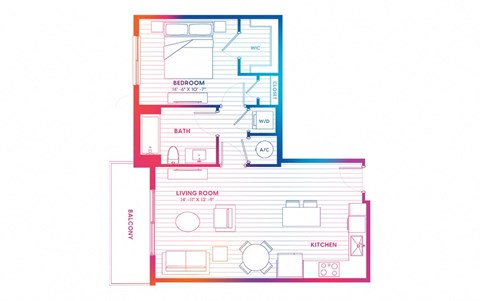 Floor plan for 1 bed, 1 bath, 715 sqft